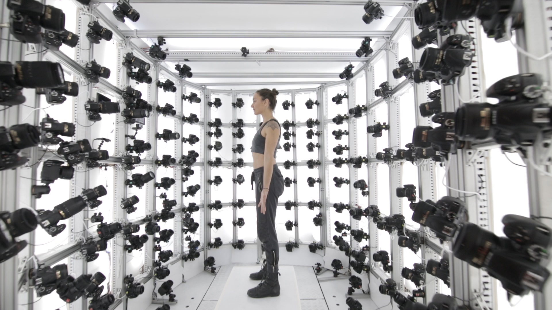 Person standing comfortably inside the camera rig for an instant capture