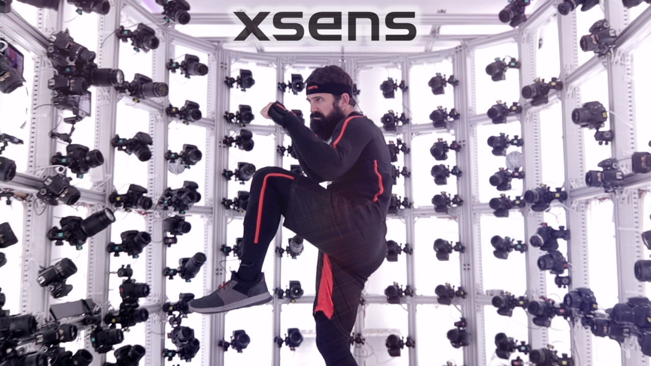 Performer in a motion capture suit scanned for AI training data
